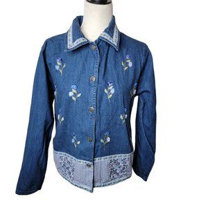 Bobbie Brooks Denim Jacket Size Medium Blue Floral Embroidered Long Sleeve Vtg